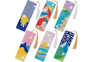 SWATOM 6 Pcs 5D Diamond Painting Bookmarks Sun & Moon Nature Acrylic Diamond Art Bookmark with DIY Painting Kits Tassels & Wood Beads Pendant Rhinestone Bookmarks