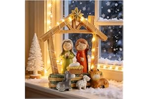 Magicsculp 6.3" Nativity Scene with Lights - Hand Painted Nativity Sets Resin Figure, First Christmas Story Decoration Holy Family Manger Little People Nativity Set for Indoor Mantle Shelf Tabletop