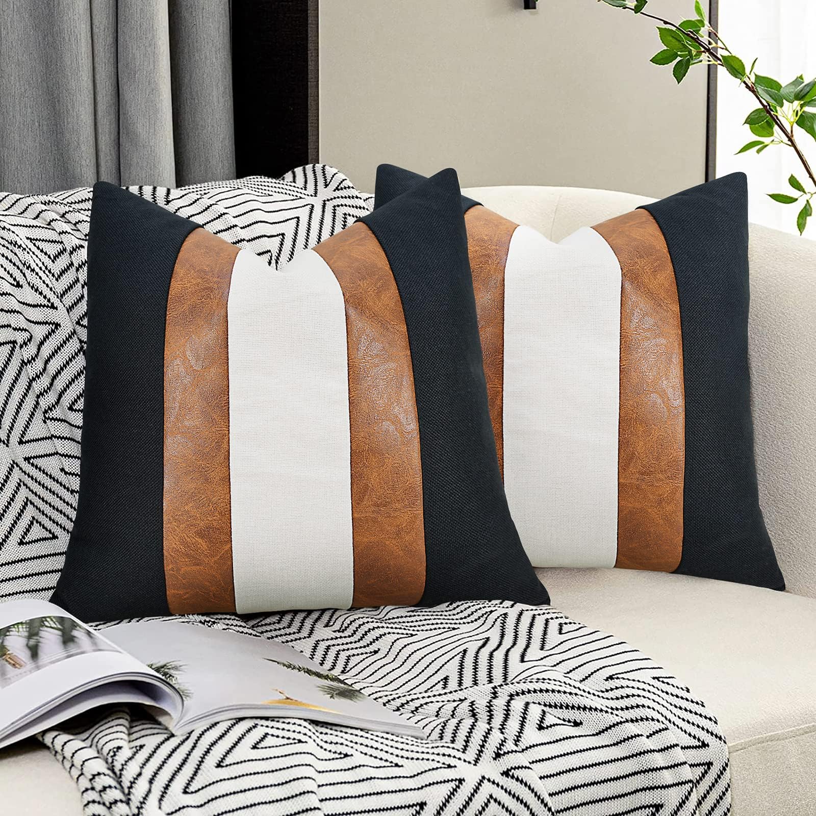 Photo 1 of JASEN Black and White Leather Throw Pillow Covers Brown Faux Leather Decorative Pillow Cover Boho Modern Stripe Accent Cushion Cover Couch Bed Sofa 20x20