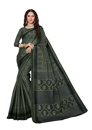Womens Pure Cotton Printed Saree with Blouse Piece (SKR5492_Grey-Black)