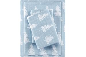 True North by Sleep Philosophy Cozy Flannel Warm 100% Cotton Sheet - Novelty Print Animals Stars Cute Ultra Soft Cold Weather Bedding Set, Full, Blue Forest 4 Piece