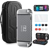 FUNDIARY Large Capacity Carrying Case for Nintendo Switch 2 (2025) - 3 in 1 Accessories Bundle with Screen Protector, 8 Thumb Grip Caps, Dockable Cover Case, Hard Shell Portable Travel Bag, Black