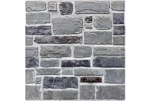 COMSTICKC 3D Gray Stone Wall Panel Peel and Stick,10 Pcs of 12"X12" Ultra-Light Thin PVC Fake Stone Adhesive Faux Brick Panels Backsplash Interior Wall Decor