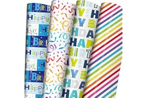 ZINTBIAL Birthday Wrapping Paper for Men Women Kids Baby Shower,Gift Wrap with Happy Birthday Words, Rainbow Stripe, Colorful Streamers, Easy to Store, Not Rolled.