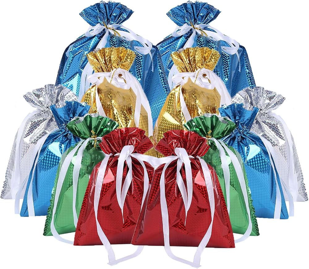 WUBAYI 12 Pcs Gift Bags Drawstring Multipack 3 Sizes 6 Designs Reusable