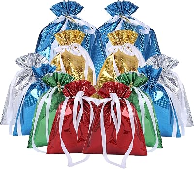 WUBAYI 12 Pcs Gift Bags Drawstring Multipack 3 Sizes 6 Designs Reusable