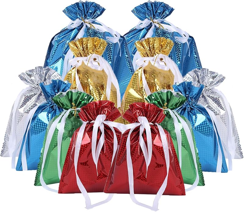 WUBAYI 12 Pcs Gift Bags Drawstring Multipack 3 Sizes 6 Designs Reusable