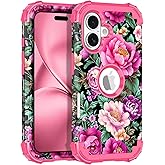 LONTECT for iPhone 16 Case Shockproof 3 in 1 Heavy Duty Rugged Hybrid Sturdy High Impact Drop Protective Cover Flower Case for Apple iPhone 16 2024,Pink