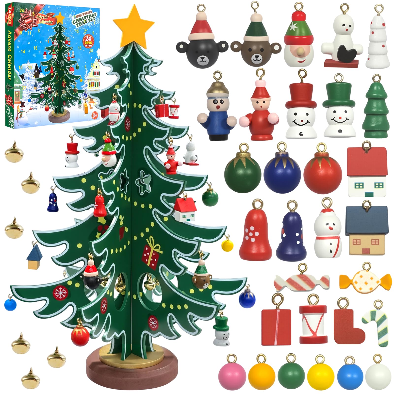 Advent Calendar 2025 Christmas Tree Building Blocks Wooden 36 Ornaments Decoration Gnome Snowman 24 Days Christmas Countdown to Christmas Tree Xmas Advent Calendar Boxes to Fill for Kids Grils Boys