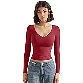 SUUKSESS Women Double Lined Casual V Neck Crop Tank Tops Basic Long Sleeve Shirts