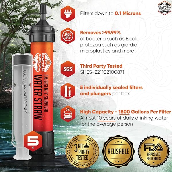 5 HIGH-CAPACITY EMERGENCY WATER STRAWS – LIGHTWEIGHT, REUSABLE, 1800-GALLON FILTERS FOR CAMPING, HIKING, TRAVEL, BIKING, SURVIVAL, AND EMERGENCY PREPAREDNESS – NO EXPIRATION DATE – PRACTICAL SURVIVAL