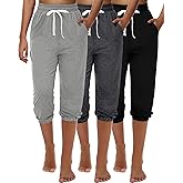 Ficerd 3 Pcs Women's Capri Sweatpants Joggers Summer Casual Sports Cropped Lounge Pants High Waisted Athletic with Pockets
