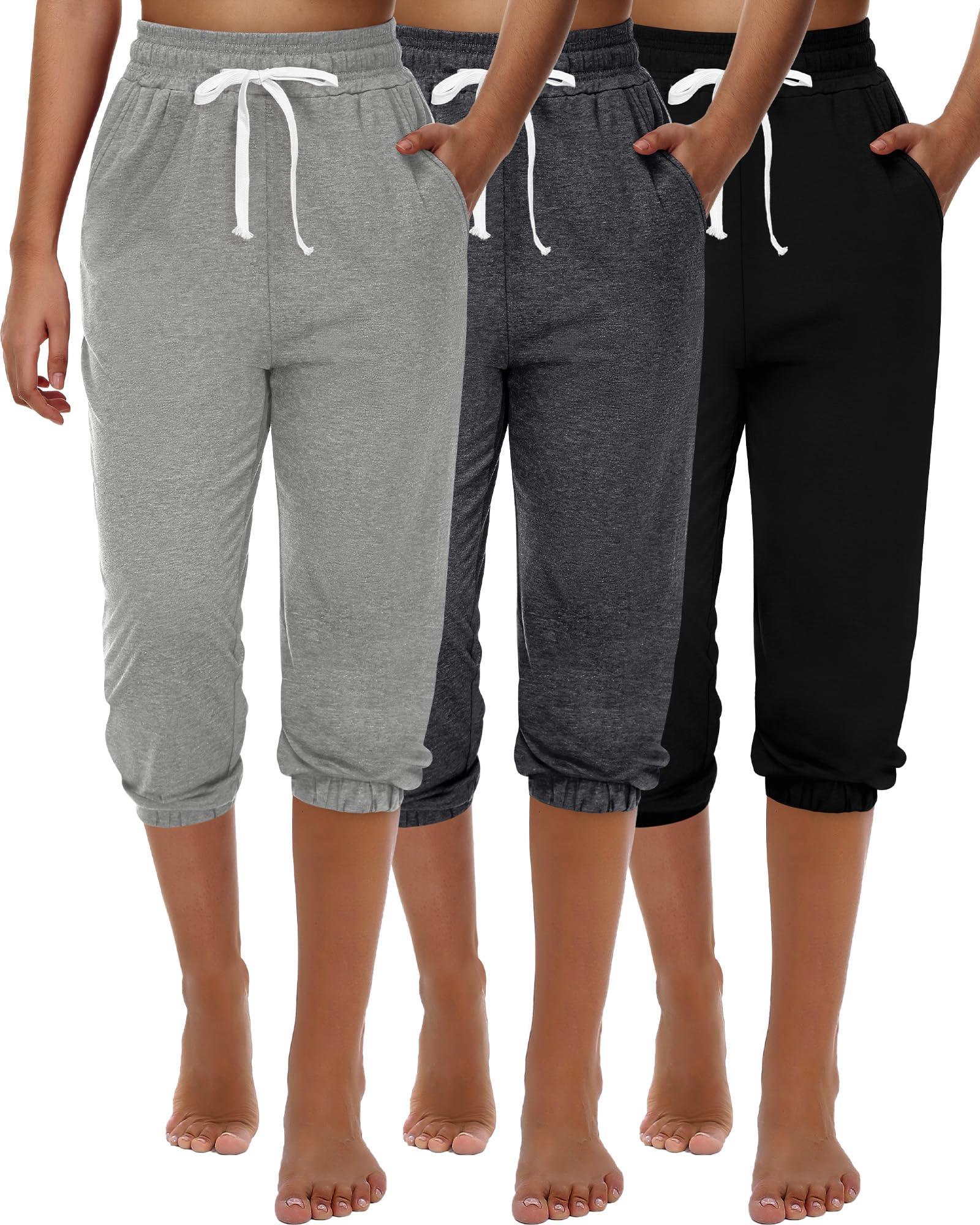 Photo 1 of Ficerd 3 Pcs Women's Capri Sweatpants Joggers Casual Sports Cropped Lounge Pants High Waisted Athletic with Pockets (Black, Dark Grey, Light Grey,XLarge)
