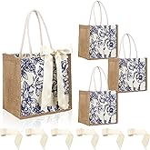Paterr Burlap Tote Bags Jute Gift Bags with Handle 9.8"x9.8"x7.1" Reusable Chinoiserie Blue Floral Bag for Bridesmaid Wedding