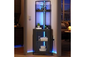 YITAHOME Corner Wine Cabinet with Power Outlets & LED Lights, Corner Bar Cabinet with Glass Holder, Liquor Bar Rack Cabinet for Living Room, Dining Room, Kitchen, Metal Black