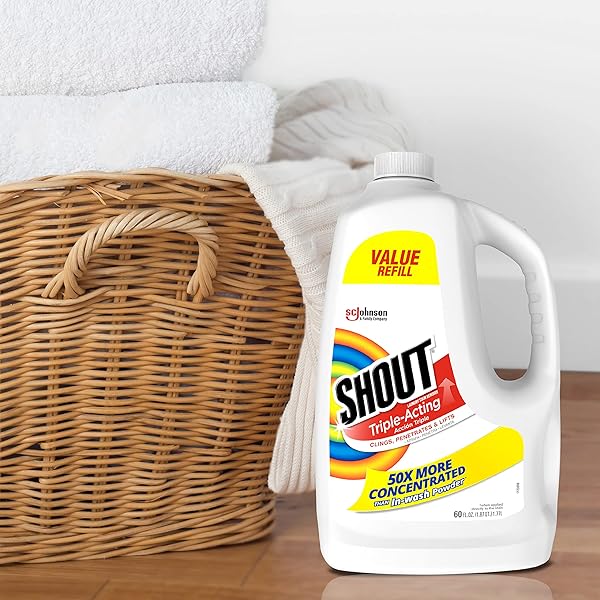 SHOUT ACTIVE ENZYME LAUNDRY STAIN REMOVER SPRAY FOR CLOTHES, TRIPLE-ACTING FORMULA CLINGS, PENETRATES, AND LIFTS TOUGH & EVERYDAY STAINS – PREWASH REFILL 60OZ (1.7L)