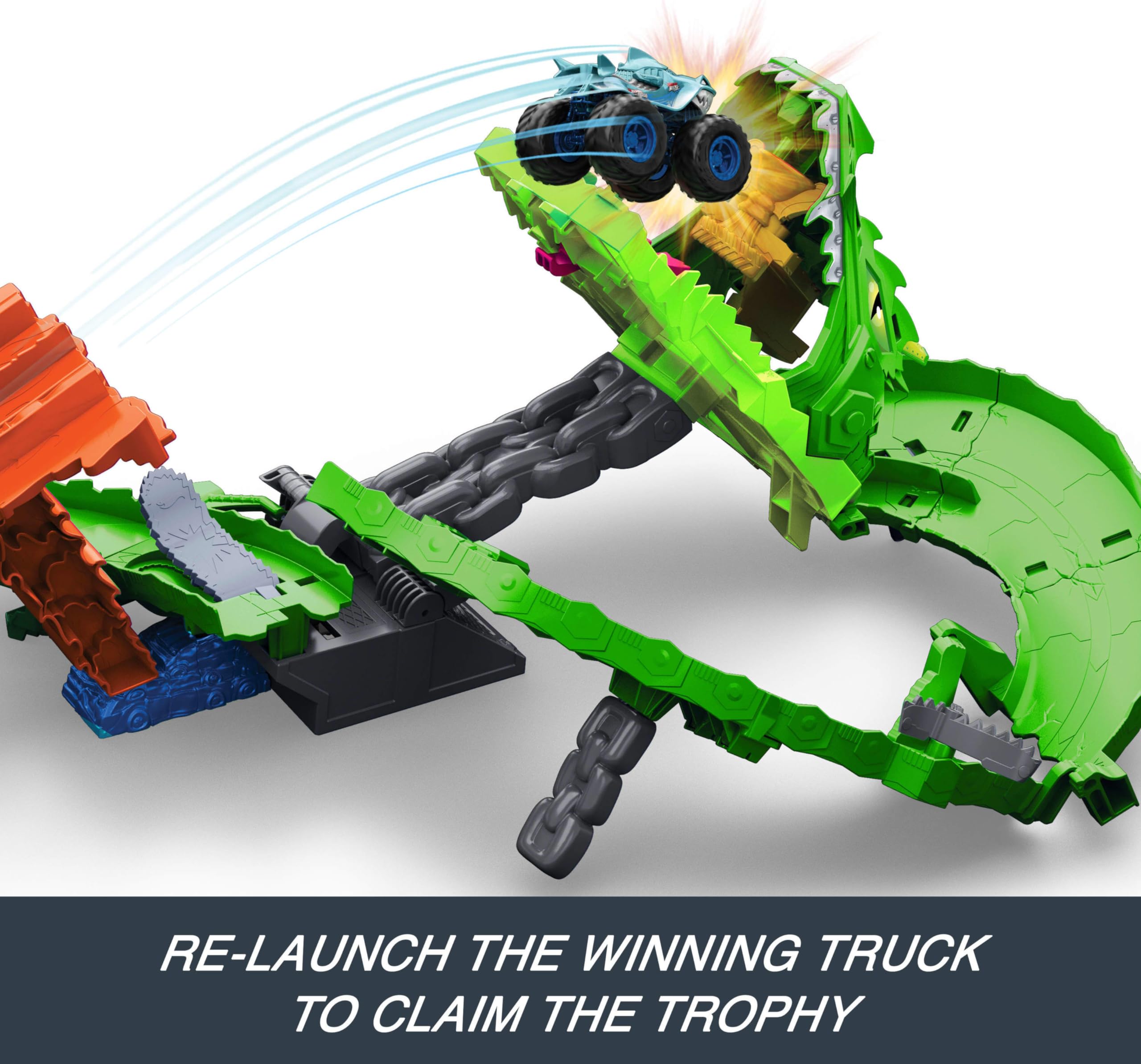 Hot Wheels Toy Monster Trucks, Sharks vs. Dinos Dragon Destruction Playset with 1:64 Scale Great Bite & Rageasaur, Race to Defeat The Cyborg Nemesis