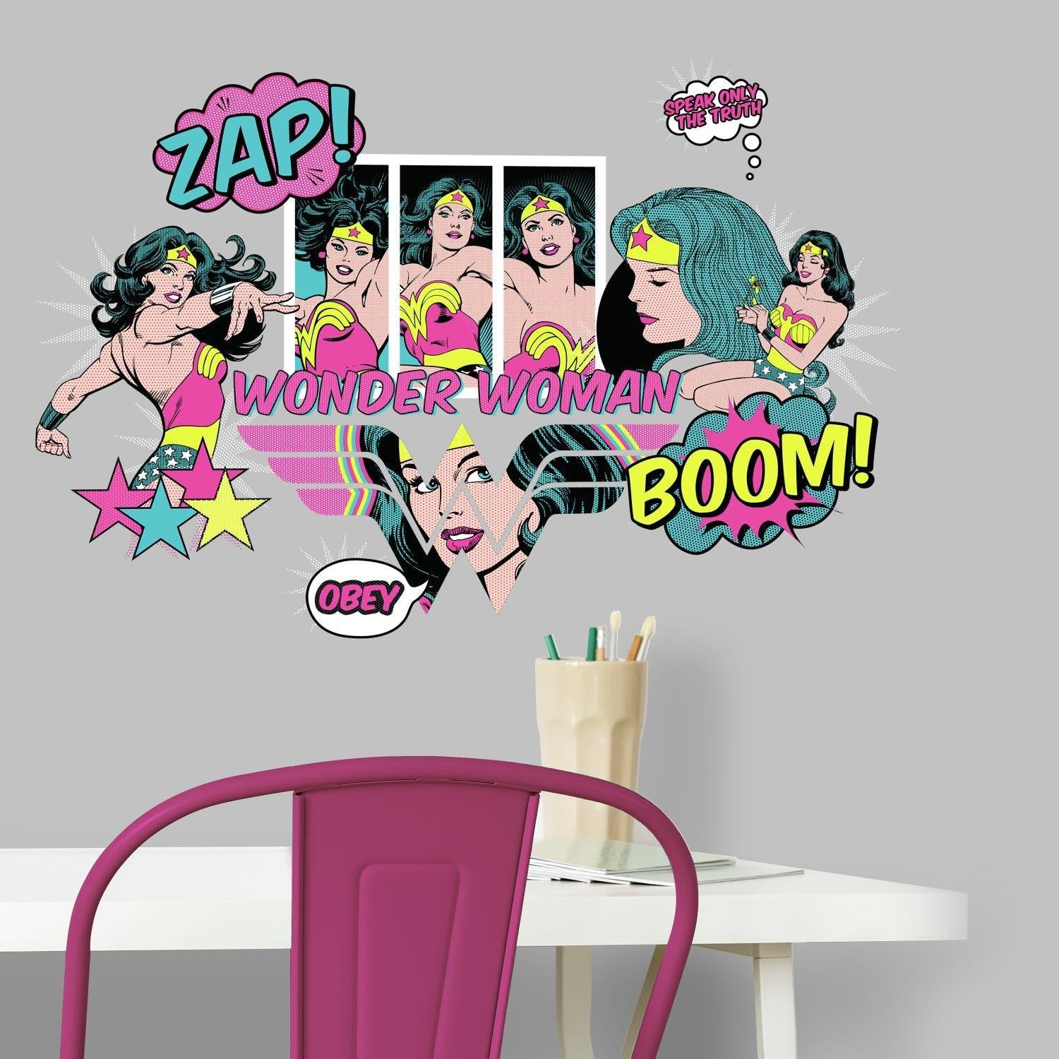 RoomMatesRMK3604SCS Wonder Woman Pop Art Peel And Stick Wall Decals