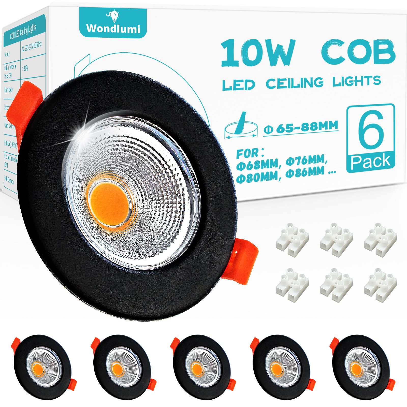 Wondlumi 6X LED Downlights Ceiling 10W, Ultra Slim Spot Lights for Bedroom Living Room Kitchen, Round Black Recessed Ceiling Lights Warm White 3000K, Cutout Ø65-85mm