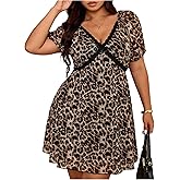BEAUDRM Women's Plus Size Leopard Mini Dress Y2k Cheetah Lace Trim V Neck Short Sleeve A Line Dresses