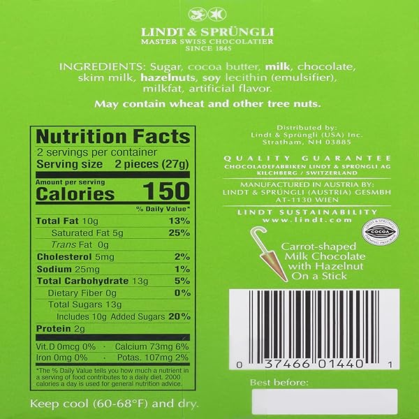 LINDT CHOCOLATE CARROTS, SOLID MILK CHOCOLATE EASTER CANDY BLENDED WITH HAZELNUT, 1.9 OZ BOX