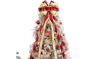 Hismir Christmas Tree Topper Bow，53x13 Inches Large Christmas Bow with Glitter Streamer，Decorative Bows for Xmas Tree Wreath Door Festival Home Decor(Red Gold)