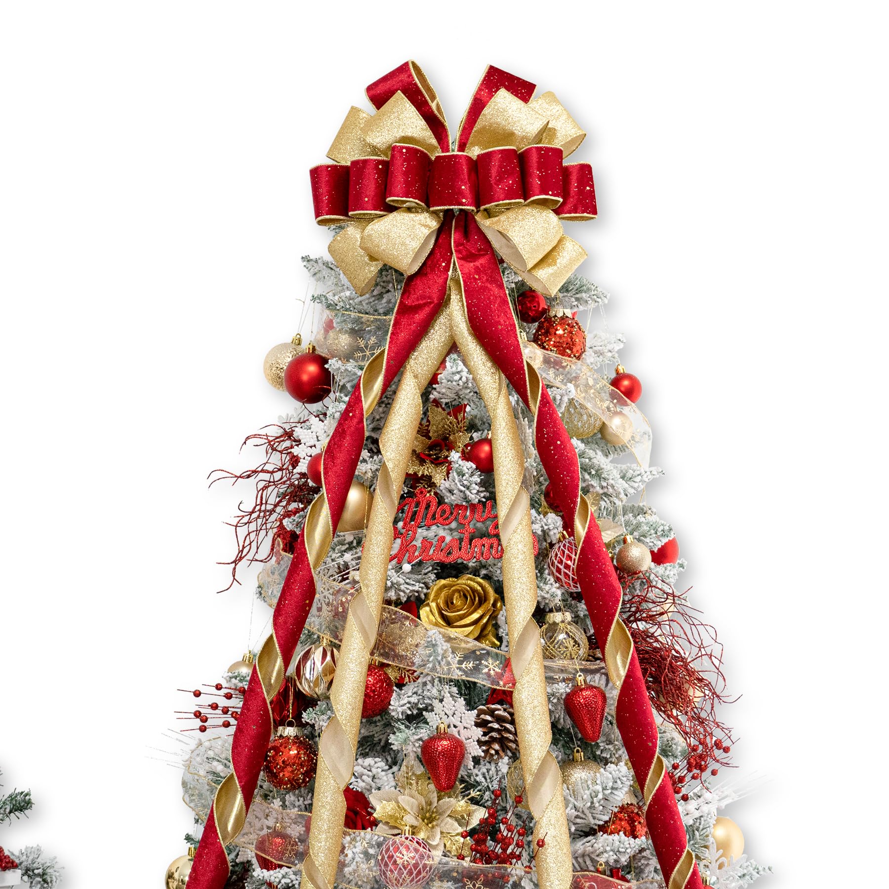 Photo 1 of **STYLE MAY DIFFER*** Hismir Christmas Tree Topper Bow?53x13 Inches Large Christmas Bow with Glitter Streamer?Decorative Bows for Xmas Tree Wreath Door Festival Home Decor(Red Gold)