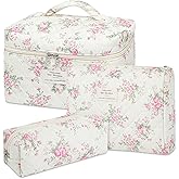 senbowe Floral Makeup Bag, 3 Pack Large Cotton Quilted Makeup Bag Set, Cute Floral Coquette Aesthetic Toiletry Bag Make Up Cosmetic Bag for Women, Toiletry Travel Make Up Organizer Bag