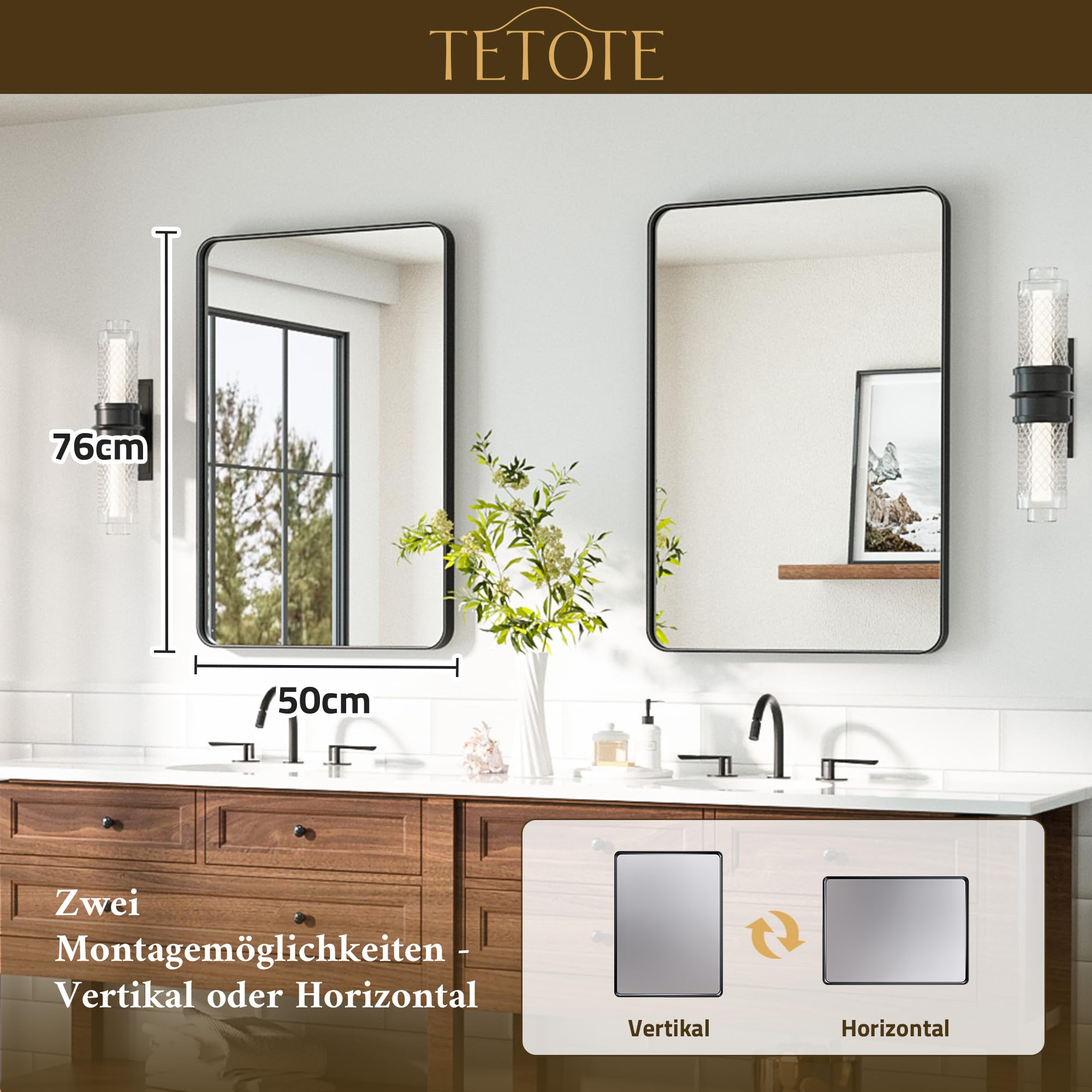 TETOTE 50x75cm Wandspiegel Schwarz Ohne Beleuchtung, Rechteckig Badspiegel mit Runder Ecke, Metallrahmen Badezimmer Spiegel für Waschbecken, Gehärtetes Glas Dekorative Spiegel 7