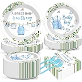 200Pcs Greenery Baby Shower Plates and Napkins Decoration Watercolor Blue Party Tableware Dinnerware Set A Sweet Boy Is On His Way Paper Plates for Baby Boy Gender Reveal Party Supplies Serve 50