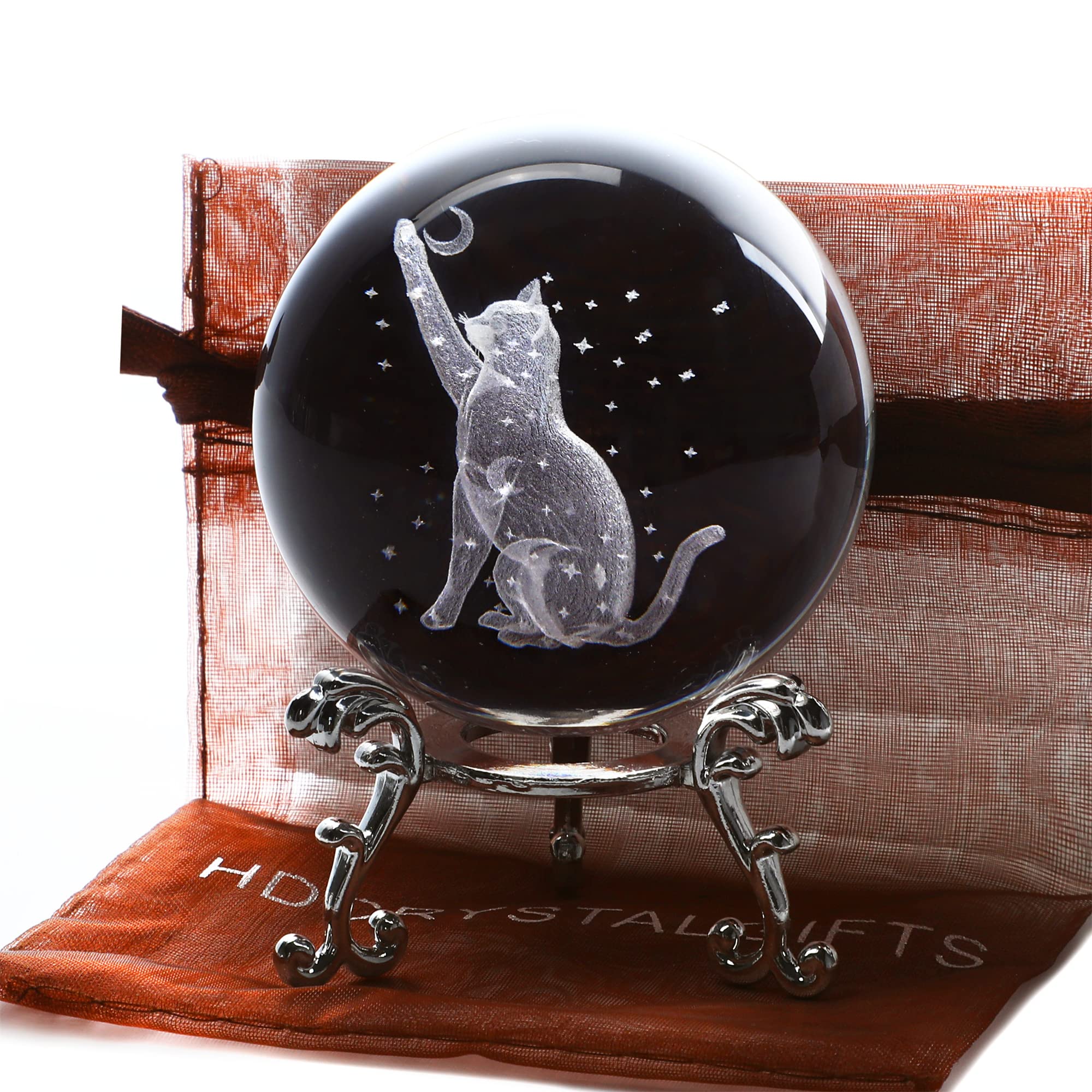 ZEERSHEE 60mm 3D Cat Crystal Ball Figurine Glass Laser Engraved Cats Crystal Ball with Stand Paperweights Cat Gifts for Cats Lovers Women