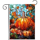 Pumpkin Fall Garden Flag Autumn Yard Flag Stained Glass Thanksgiving Outdoor Flag 12x18 Double Sided Small Harvest Flag for Outside Porch Lawn Decor