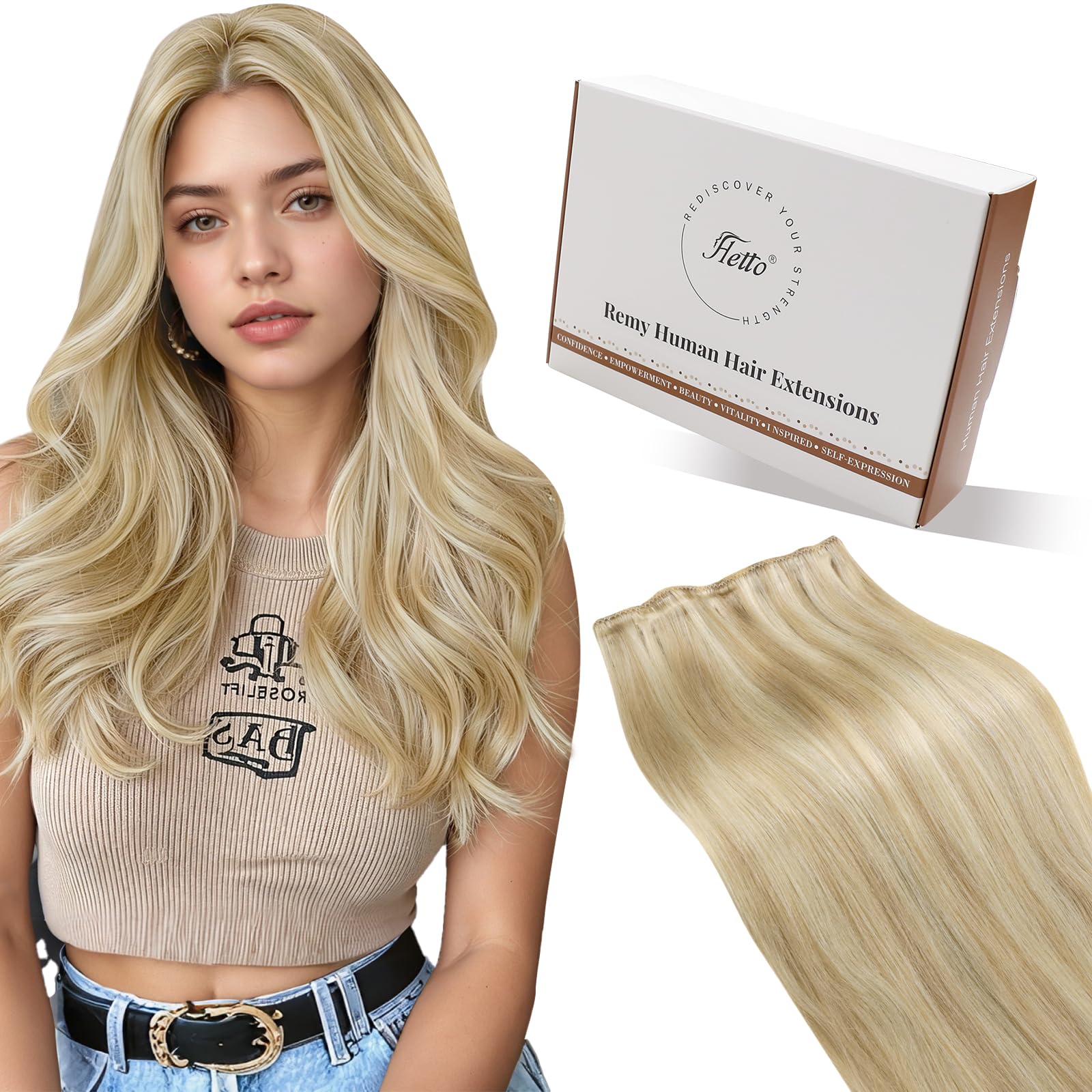 Hetto Weft Hair Extensions Real Human Hair Light Blonde Highlights - Invisible Hand Tied Sew in Hair Weft Extensions, Double Weft Human Hair for Festival & Party Looks #17/23 12 Inch 70g — image 1