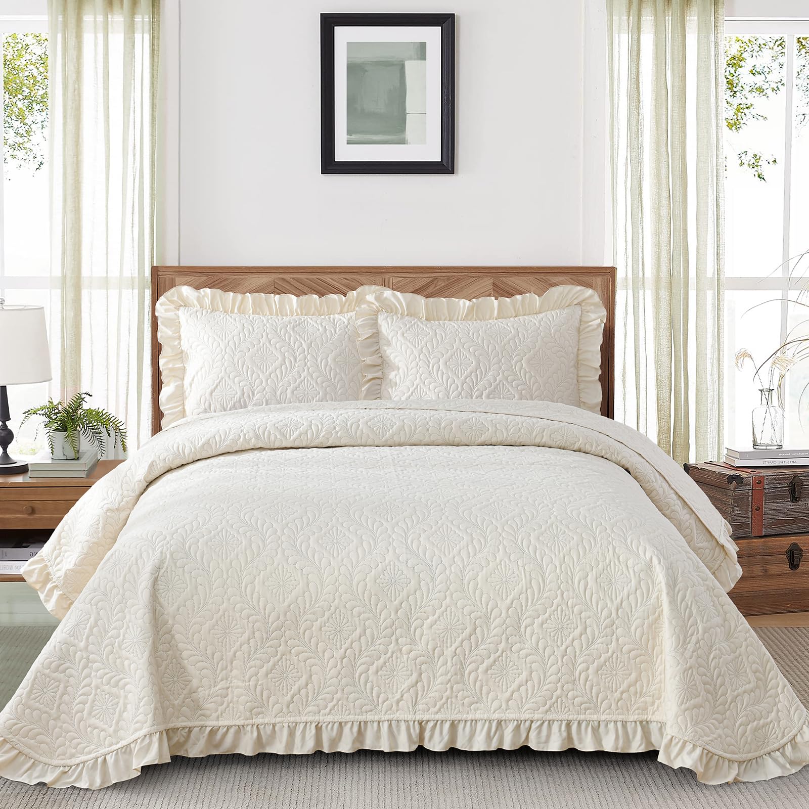 Photo 1 of DJY California King Quilt Bedding Set, Beige Lightweight Soft Bedspread Coverlet, Basket Weave Quilted Blanket Thin Quilt Bed Cover for All Season - 3 Piece (1 Quilt, 2 Pillow Shams)