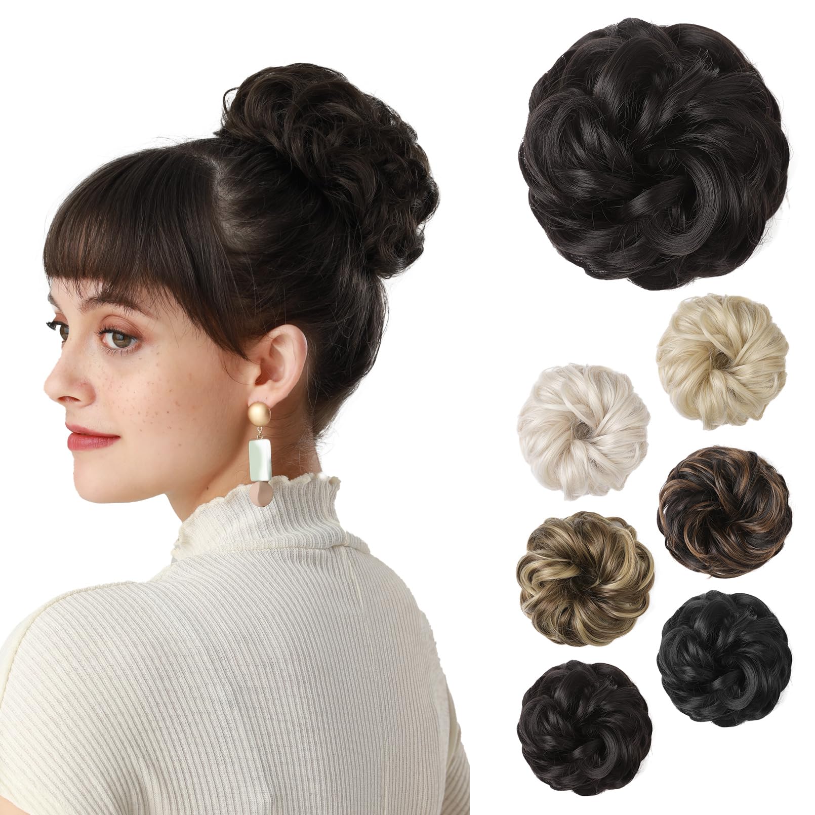 REECHO Messy Bun Hair Piece, Thick Tousled Updo Elastic Hair Bun Hair Piece for Women Synthetic Ponytail Extensions Messy Bun Scrunchies Donut Hair Accessories - Black Brown
