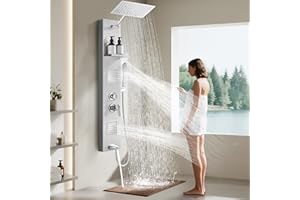 JAFETON Shower Panel System, Multi-Function Shower Tower With 4 Body Spray, 5 Handheld Settings, Shelf & Adjustable Height, Rainfall + Waterfall Shower Head, Rain Massage Spa System For Bathroom