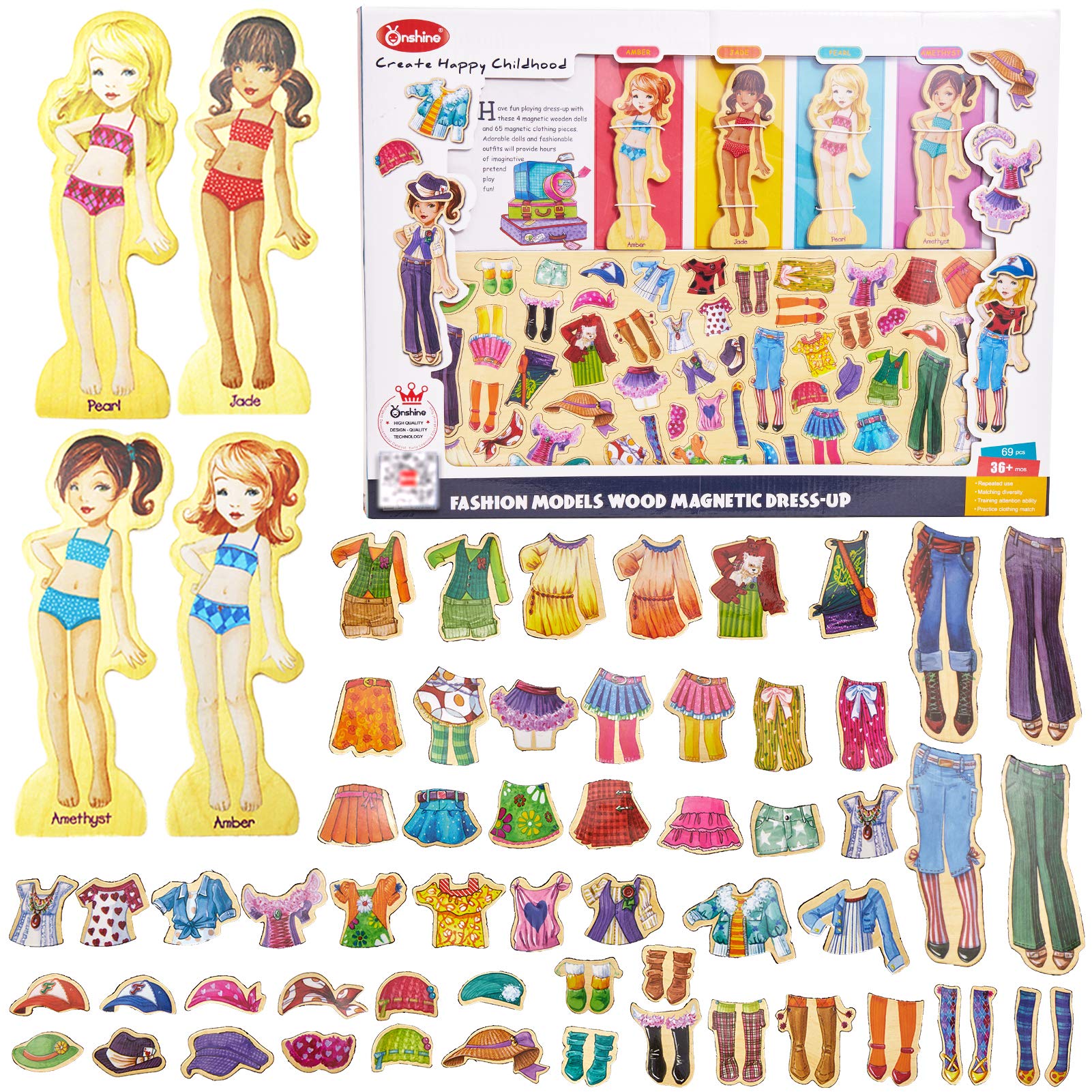 Onshine 63pcs Mix and Match Magnetic Wooden Dolls Clothes Dress-Up Puzzle Toys Pretend Role Play for Girls