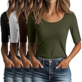 Ficerd 4 Pack Women's Scoop Neck Stretchy Tops Cotton Half Sleeve Slim Fit T-Shirts Tight Casual Basic Summer Tees(Matcha Green, Mocha, White, Black,Medium)