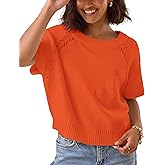 Yeokou Women Knit Crochet Top Short Sleeve Crew Neck Loose Fit Pullover Sweater Summer Fall Fashion Casual Knitted Blouse(Orange-XS)