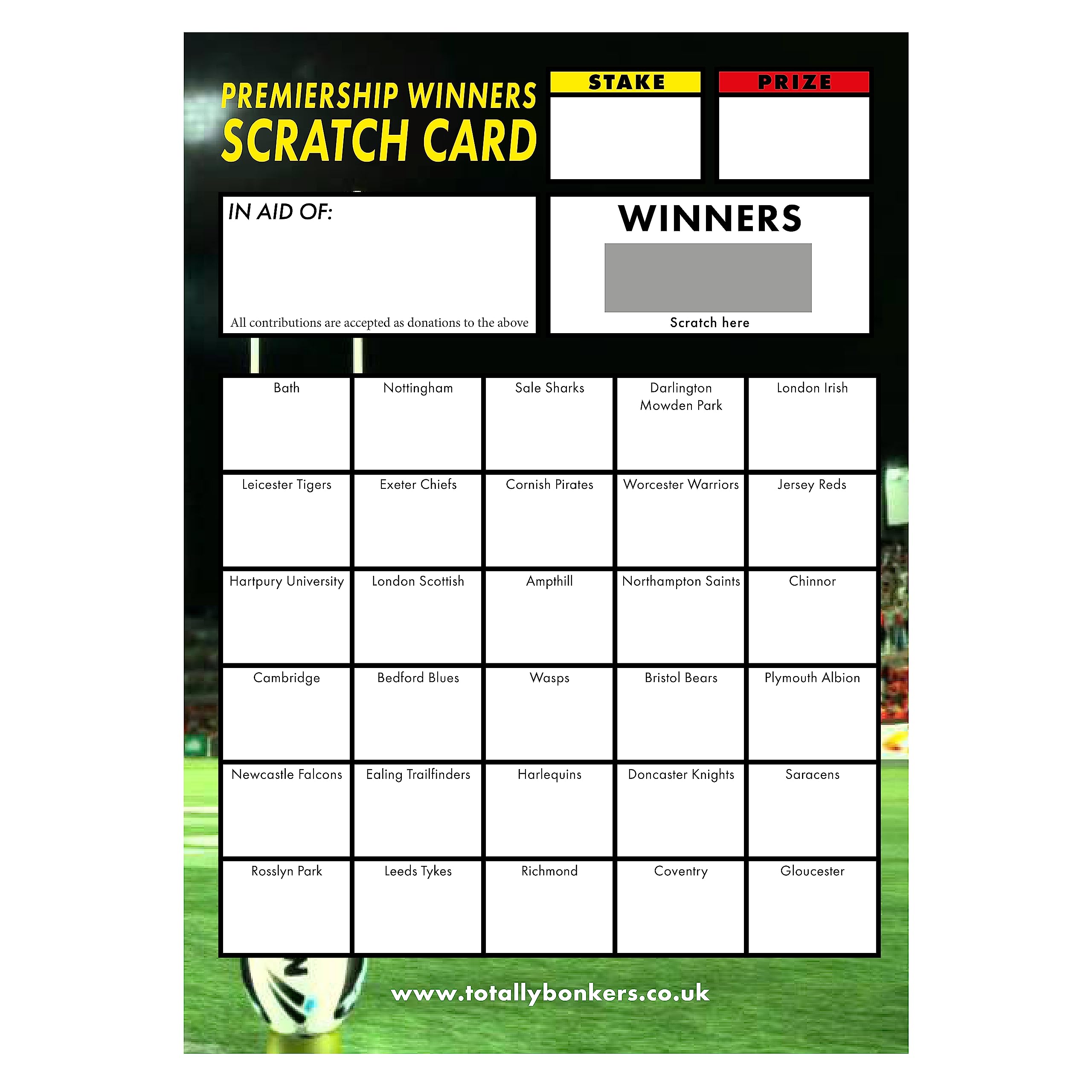 Totally Bonkers - Rugby Union Fundraising Scratch Cards - 30 SQUARE - A6 (148x105mm) -10 Pack - TB0011 - Blind Card