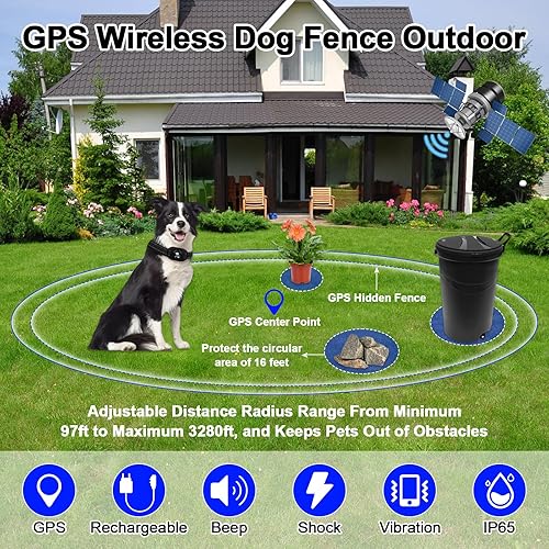 GPS Wireless Dog Fence and Outdoor Pet Barrier in 1, Range 97-3280ft  Electric Dog Fence for All Dogs, Keeps