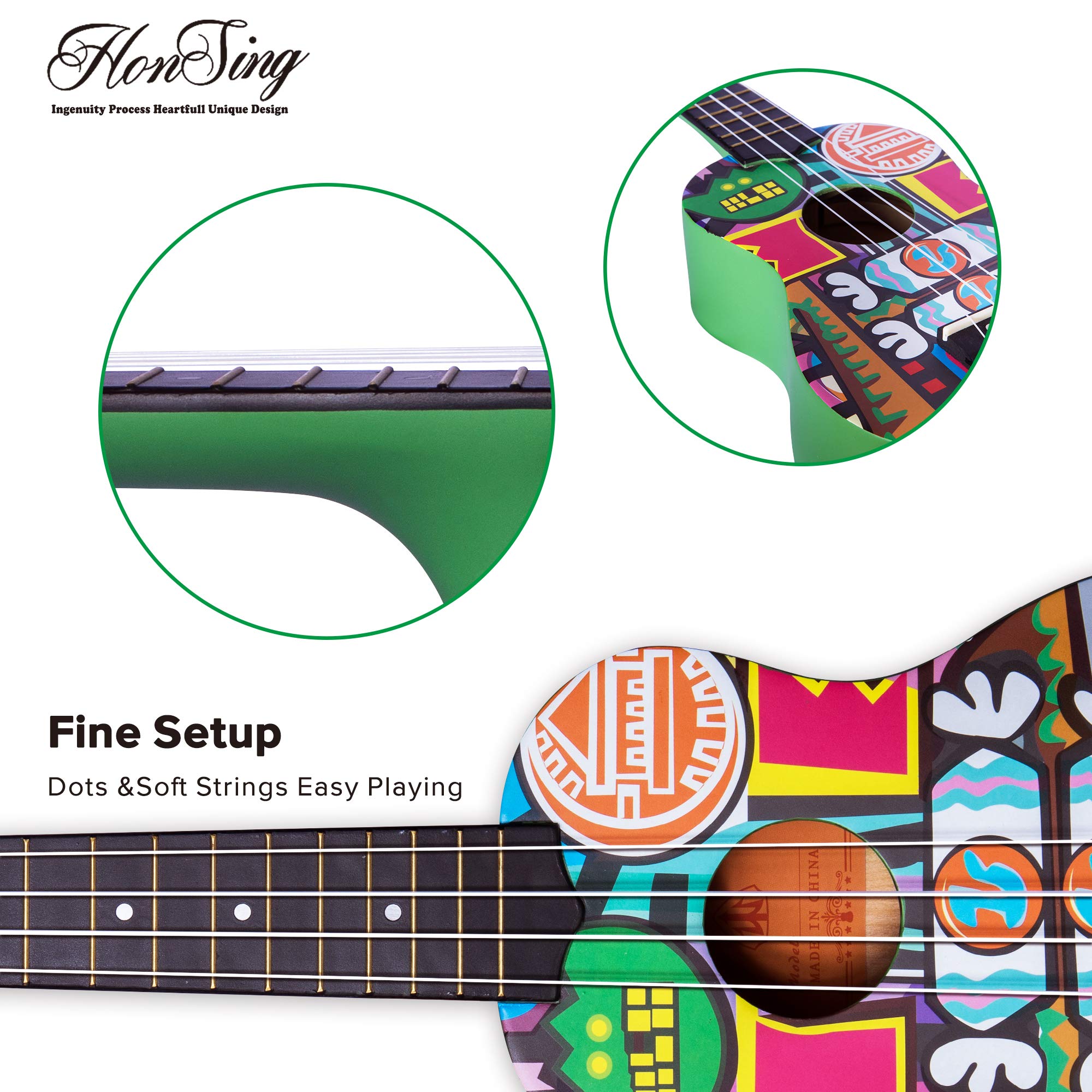 honsing Soprano Ukulele Kit with Gig Bag,Tuner,Strap and Pick,Novelty Doodle Tattoo