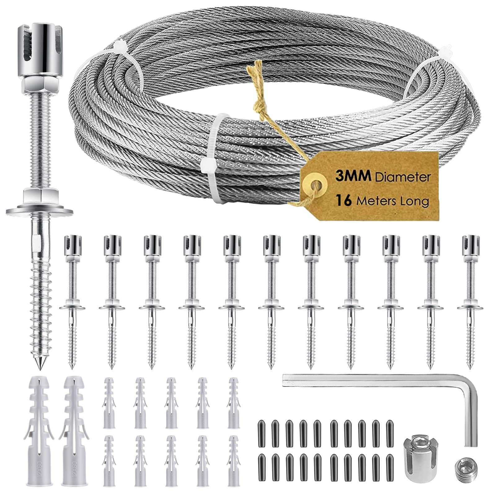 Climbing Plant Support, 16m Stainless Steel Trellis for Plants, Garden Wire for Climbing Plants Complete Set with 12 Brackets and 3mm Steel Cable, for Garden/Concrete Wall/Solid Wood