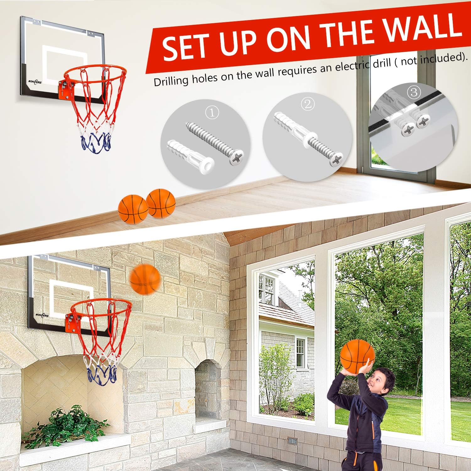 NONZERS Mini Basketball Hoop for Door & Wall, Indoor Mini Basketball Hoop Set for Home and Office Games, Includes 2 Mini Basketballs and Hand Pump, Mobile Mini-Hoop Gift for Kids Boys Girls: Toys & Games