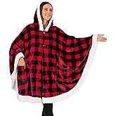 PAVILIA Wearable Blanket for Adult Women, Cozy Plush Fleece Blanket Poncho Cape with Hood, Super Soft Shawl, Angel Wrap Throw for Office, Black and Red Buffalo Plaid Checkered