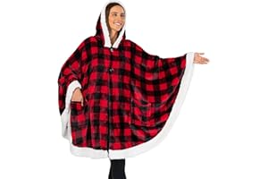PAVILIA Wearable Blanket for Adult Women, Cozy Plush Fleece Blanket Poncho Cape with Hood, Super Soft Shawl, Angel Wrap Throw for Office, Black and Red Buffalo Plaid Checkered