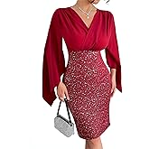 Women's Sequin V Neck Long Sleeve High Waisted Bodycon Elegant Sexy Mini Dress