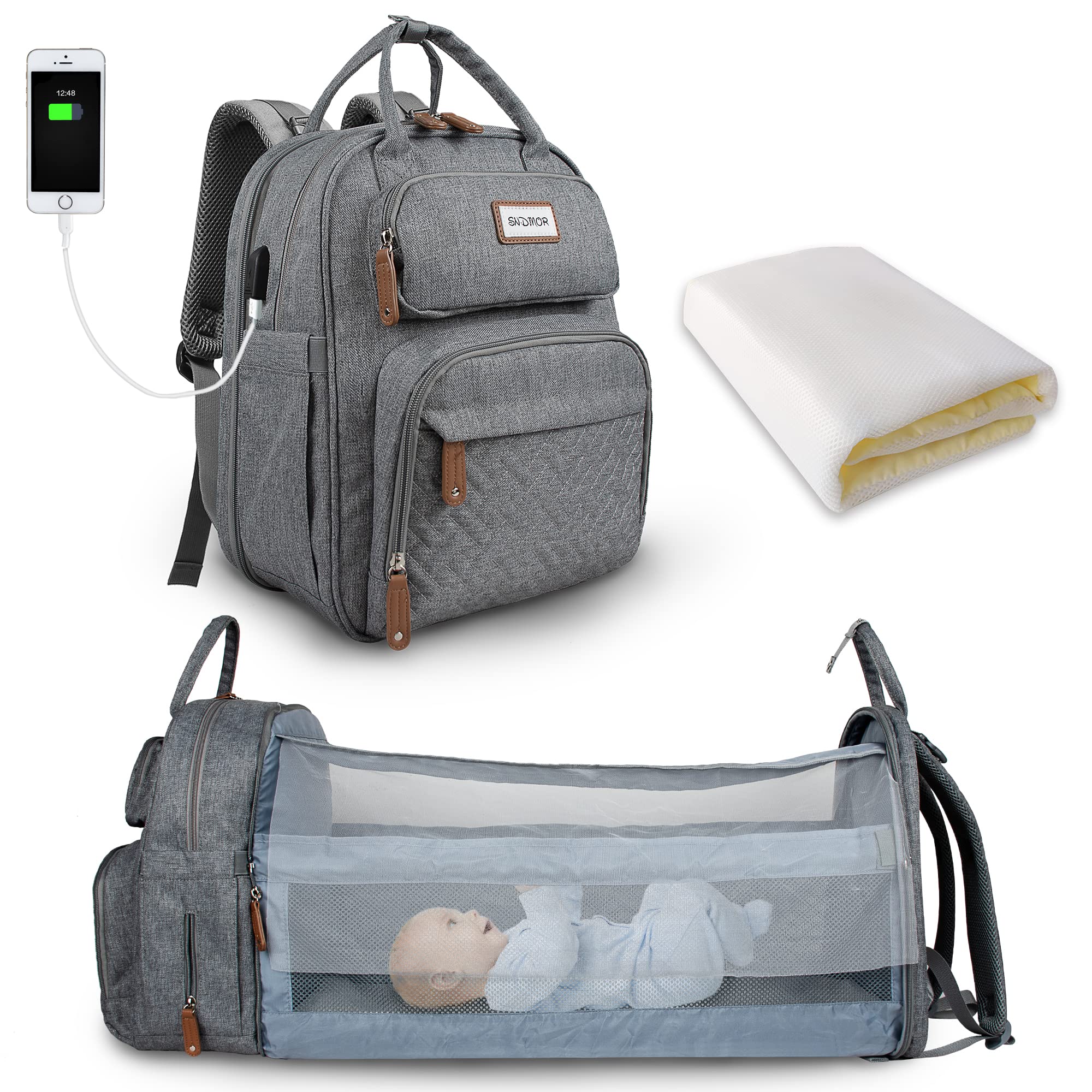 SNDMOR Baby Changing Bag Backpack, Baby Diaper Bag with Changing Table, Large Unisex Baby Bag with Changing Pad, Large Capacity, Waterproof Stylish (Light Grey)