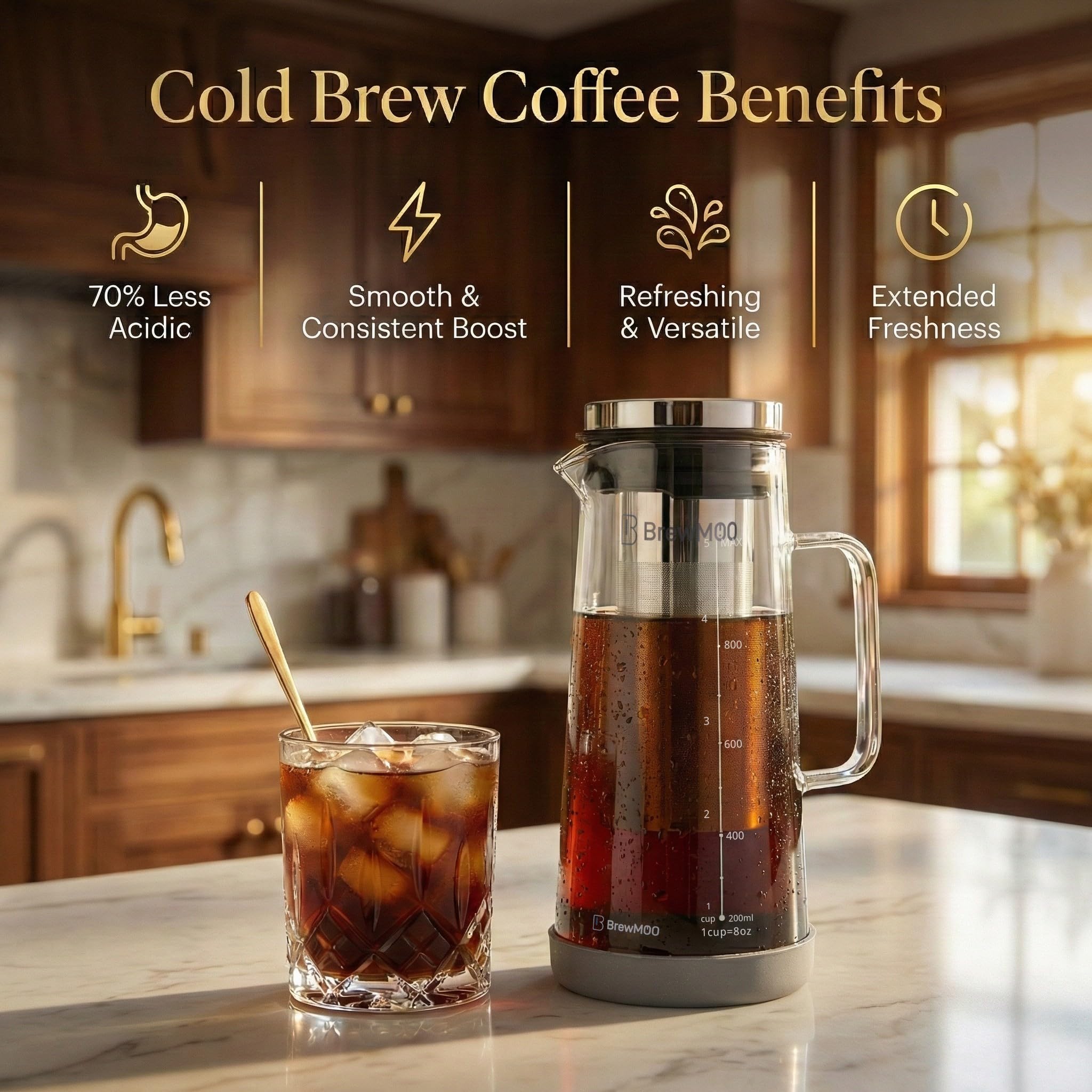 Condition photo showing New/Like New for brewmoo cold brew coffee maker pitcher, 1.4l/48oz airtight borosilicate glass carafe with 150 mesh p