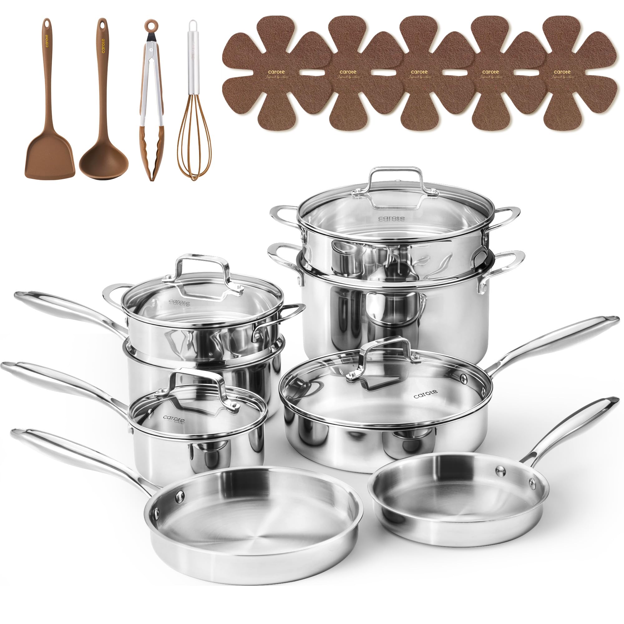 CAROTE 21pcs Tri-Ply Stainless Steel Cookware Set, Pots and Pans Set, Non Toxic Induction Kitchen Cooking Sets, Cookware Collection, Mirror Polish, Silver Image